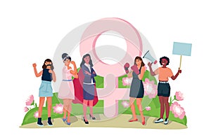 Feminism and girls power concept. Vector flat cartoon illustration. Women characters set standing together