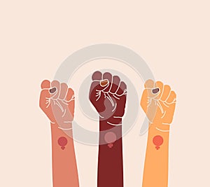 Feminism illustration, women raised their fists, fight for women`s rights, people of different races together