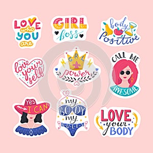 Feminism lettering or typography, girl power quotes for print set of vector illustrations. Feminists quotes, woman