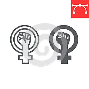 Feminism line and glyph icon, fist and protest, women resist sign vector graphics, editable stroke linear icon, eps 10.