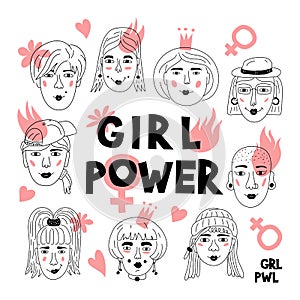 Feminism poster Girl power card. Women`s faces, Informal girls, Punk rock women Feminists. Creative hand-drawn