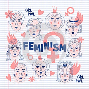 Feminism poster, Women`s faces icons on a sheet of exercise book, Feminists Informal girls, Punk rock women. Creative