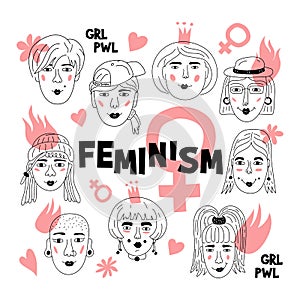 Feminism poster, Women`s faces, Informal girls, Punk rock women Feminists. Cute Funny hand-drawn characters. Vector