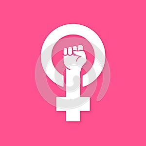 Feminism Protest Symbol. White Female First, Women Rights. Symbol of Feminism Movement. Girl Power Sign. Pink Arm
