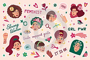 Feminism stickers. Girl power. Frida face. Funny female heads. Women solidarity. Sisterhood support. Feminists lettering