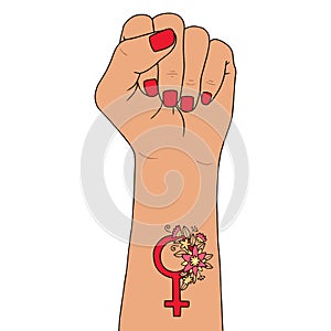 Feminism symbol. Fighting fist of a woman.