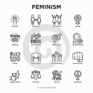 Feminism thin line icons set: women`s rights, girl power, gender equality, sex dicrimination, me too, protest, girls are strong.