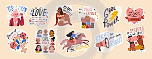 Feminist and body positive vector stickers set. Female movements cartoon badges with inspirational quotes. Women photo