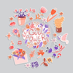 Feminist and cute girl power illustration set. Girls portraits, flowers, stickers, sweets with floral decoration. Cute