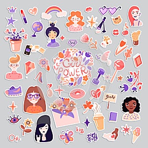 Feminist and cute girl power sticker illustration set. Girls portraits, flowers, stickers, sweets with floral decoration