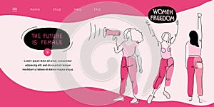 Feminist girl gang landing page with protest sisterhood arm, power fist and quote WOMEN FREEDOM, THE FUTURE IS FEMALE