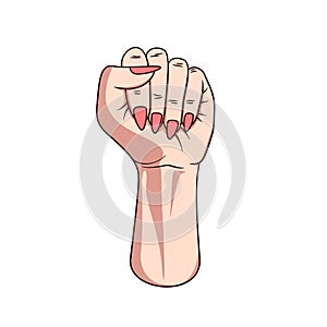 Feminist pride fist. Female hand raised into air. Illustration on white background. Equal human rights for women and girls.