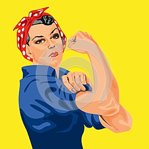 Feminist symbol with this famous woman in red scarf with white dots, rolling up her sleeve to participate in the war effort.