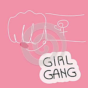 Feminist vector with girl power fist and lettering GIRL GANG. Women freedom and unite in one line art for International