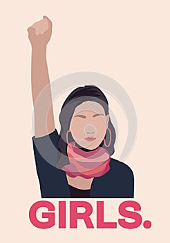 Feminist woman raised up clenched fist. Feminism concept design with girl power symbol. Flat vector illustration for