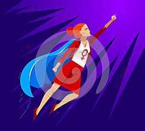 Feminist woman superhero vector illustration, social justice warrior, struggle fight for rights, girl power.
