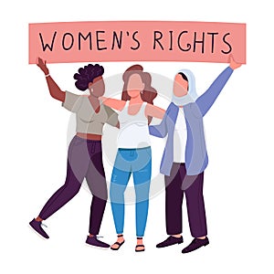 Feminists with placard semi flat color vector characters