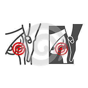 Femoral neck fracture line and solid icon, body pain concept, groin ache vector sign on white background, outline style