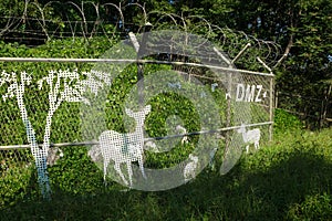 Fence with barbed wire in green nature, trees and bushes with painted deer on the fence along the DMZ, the third tunnel photo