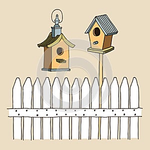 Fence and birds feeders vector illustration, hand drawn illustration