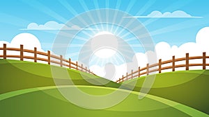 Fence, cartoon landscape. Sun, cloud, sky illustration.