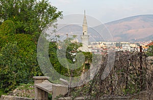 A fence in the city of Mostar was destroyed during the Balkan War. Bosnia and Herzegovina