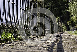 Fence and cobbles in the park