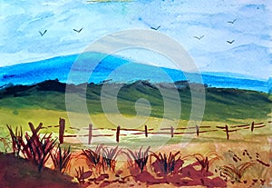 Fence, farmland and mountain landscape painting