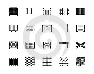 Fence flat glyph icons set. Wood fencing, metal profiled sheet, wire mesh, crowd control barricades vector illustrations