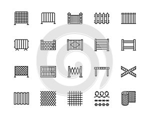 Fence flat line icons set. Wood fencing, metal profiled sheet, wire mesh, crowd control barricades vector illustrations