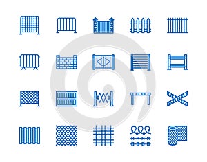 Fence flat line icons set. Wood fencing, metal profiled sheet, wire mesh, crowd control barricades vector illustrations