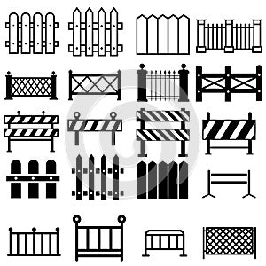 Fence flat line icons set. Wood fencing, metal profiled sheet, wire mesh, crowd control barricades vector illustrations. Outline