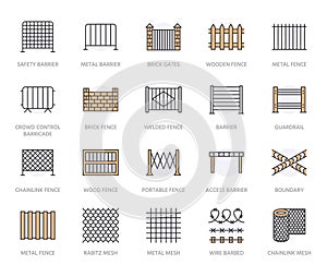 Fence flat line icons set. Wood fencing, metal profiled sheet, wire mesh, crowd control barricades vector illustrations