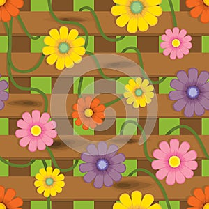 Fence with flowers. Seamless background pattern