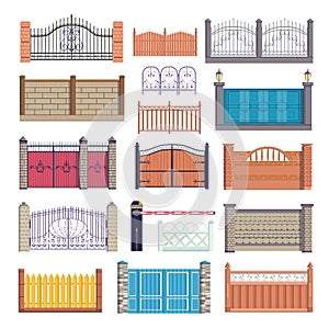 Fence, gates set of vector illustration isolated on white background. Wooden, metal, stone brick wall, barriers. Outdoor