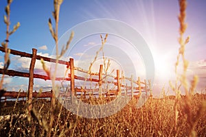 Fence in the green field under blue cloud sky