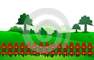 Fence with green garden grass tree green meadow feild in ai10 illustrations photo