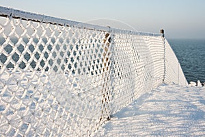 Fence with hoarfrost in the winter