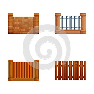 Fence icons set cartoon vector. Stone metal and wooden fence part