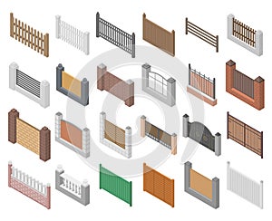 Fence icons set, isometric style