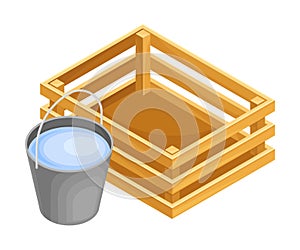 Fence or Inclosure with Bucket of Water as Agricultural and Farming Construction for Separation Vector Isometric
