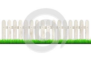 Fence from light wood and grass - isolated on white background