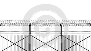 Fence made of steel barbed wire on white background, isolate. Border of territory. 3d render