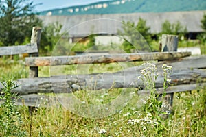 Fence made of wooden planks made of logs.