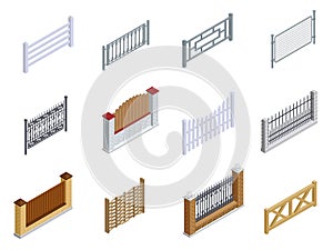 Fence metal, brick, wooden isometric icons set. Palisade, paling, hedge, railing, enclosure, windbreak. photo