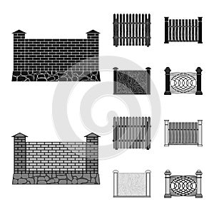 A fence of metal and bricks,wooden palisade. A different fence set collection icons in black,monochrom style vector photo