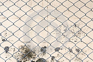 Fence from steel mesh on grunge cement wall backgroud