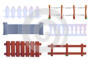 Fence, vector wooden and stone railings, palisade