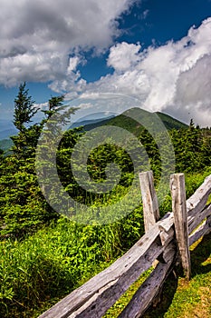 Fence and view of the Appalachians from Mount Mitchell, North Ca photo