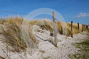 Fence with weathered wooden stakes in front of the sand dunes on